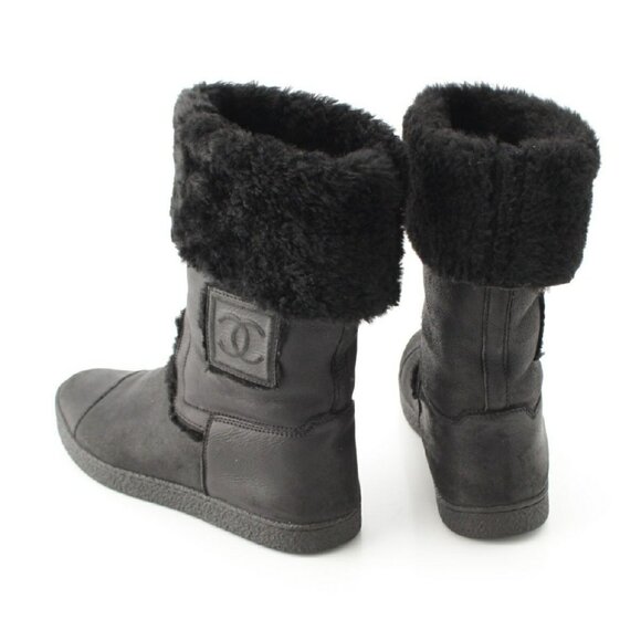 Authentic CHANEL Runway Leather Fur Boots Shoes Black Winter Coco Mark Size 38 - Picture 4 of 9